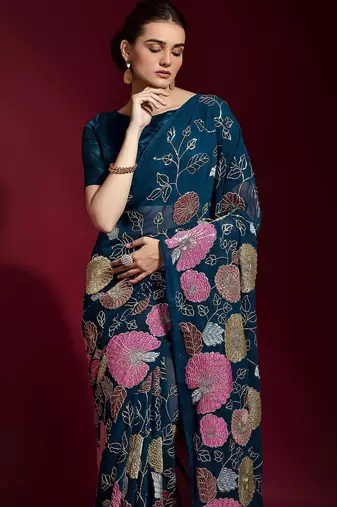 Teal floral printed poly georgette saree