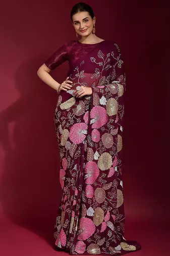 purple ethnic motifs embroidered sequinned poly georgette saree