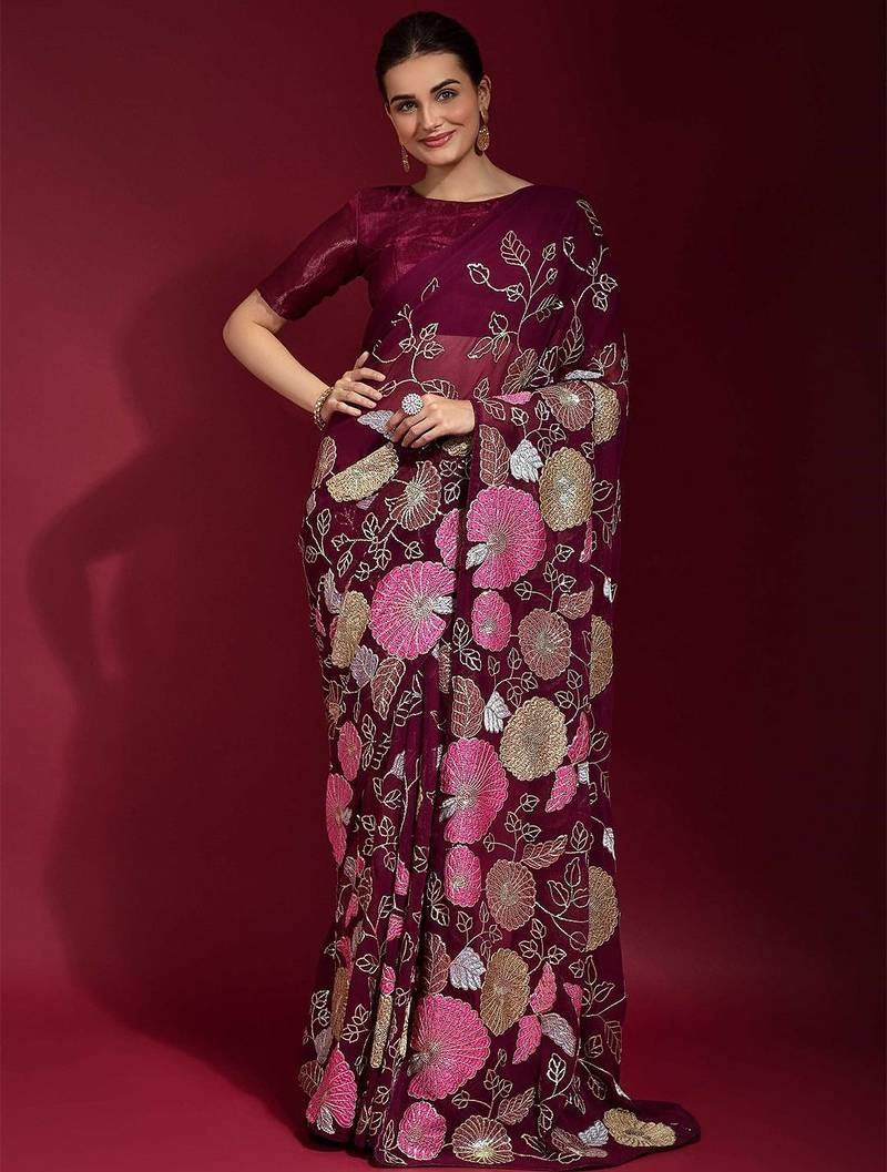 purple ethnic motifs embroidered sequinned poly georgette saree