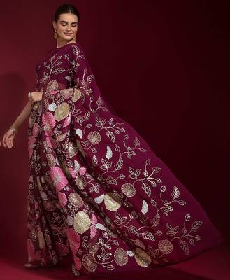 purple ethnic motifs embroidered sequinned poly georgette saree 2