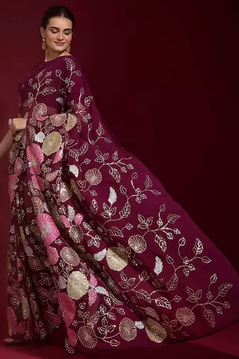 purple ethnic motifs embroidered sequinned poly georgette saree