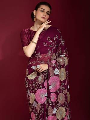 purple ethnic motifs embroidered sequinned poly georgette saree 3