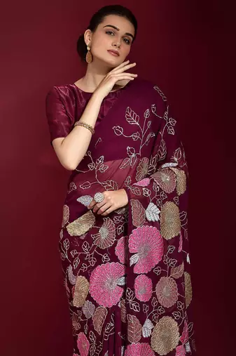 purple ethnic motifs embroidered sequinned poly georgette saree