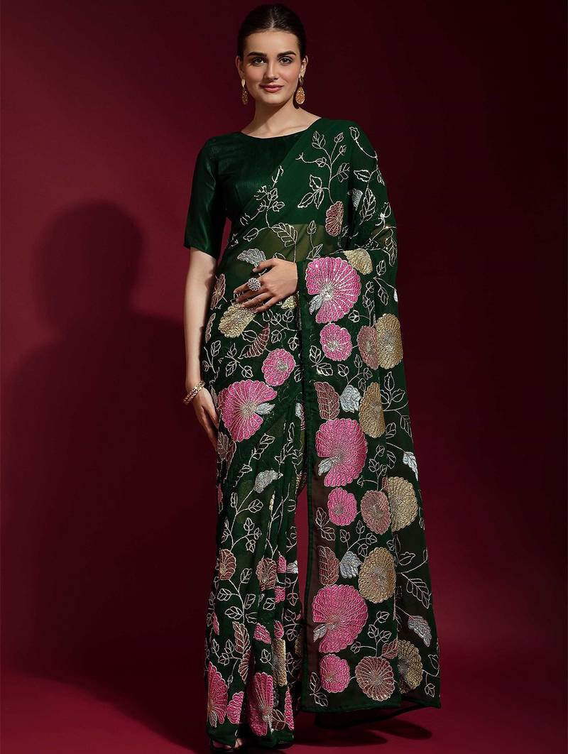 green floral printed saree