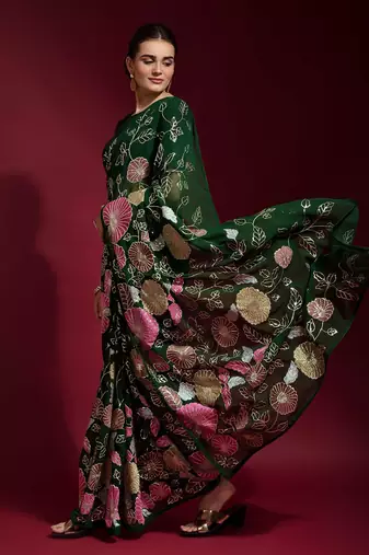 green floral printed saree