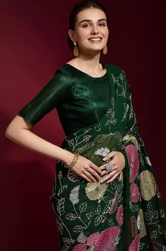 green floral printed saree