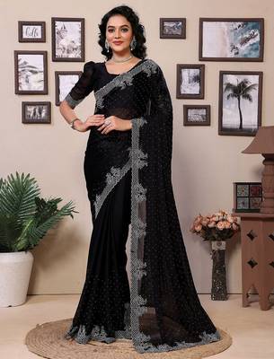 Black embellished beads and stones saree with blouse piece 1