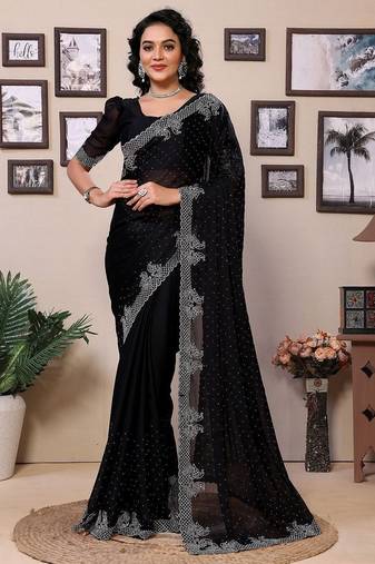 Black embellished beads and stones saree with blouse piece