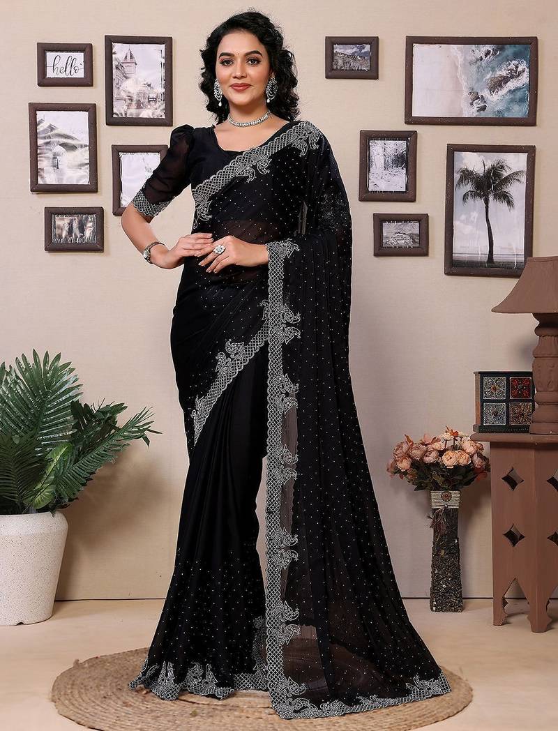 Black embellished beads and stones saree with blouse piece