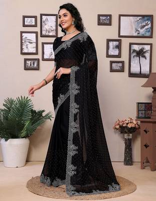 Black embellished beads and stones saree with blouse piece 2