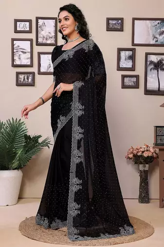 Black embellished beads and stones saree with blouse piece