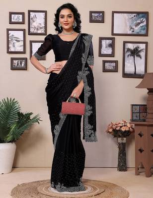 Black embellished beads and stones saree with blouse piece 3