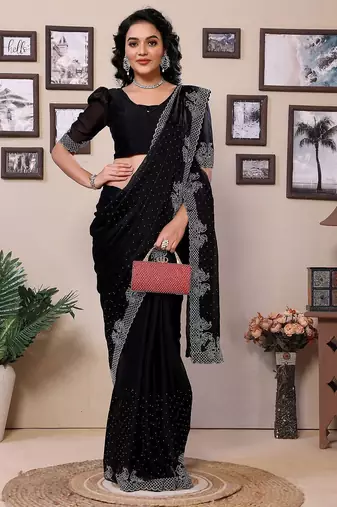 Black embellished beads and stones saree with blouse piece