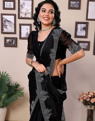 Black embellished beads and stones saree with blouse piece 4