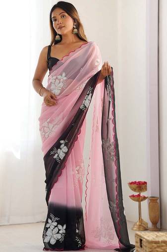 Pink floral embroidered poly georgette heavy work saree