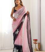 Pink floral embroidered poly georgette heavy work saree