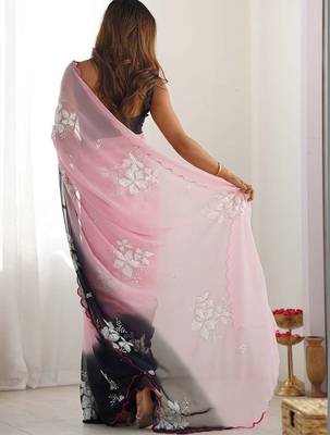 Pink floral embroidered poly georgette heavy work saree 2