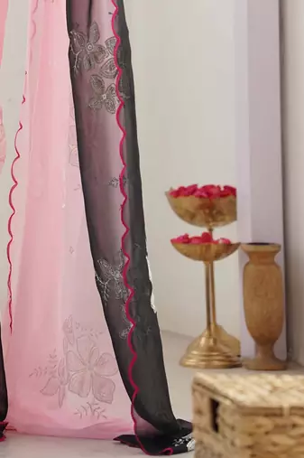 Pink floral embroidered poly georgette heavy work saree
