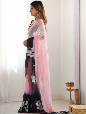 Pink floral embroidered poly georgette heavy work saree 4