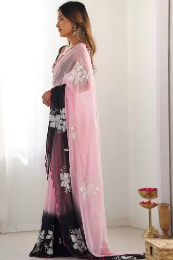 Pink floral embroidered poly georgette heavy work saree