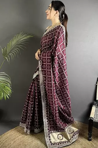 Maroon bandhani sequinned silk blend designer bandhani saree