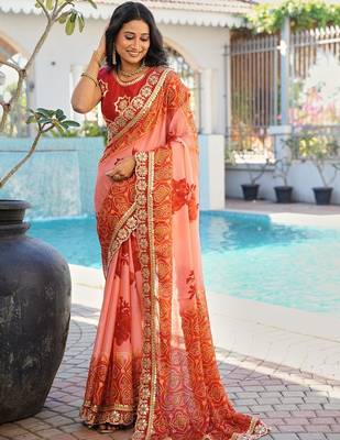 Peach floral zari poly chiffon heavy work bandhani saree 1