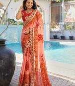 Peach floral zari poly chiffon heavy work bandhani saree