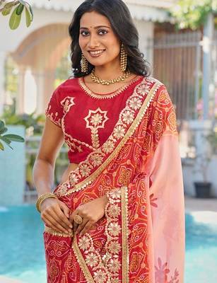 Peach floral zari poly chiffon heavy work bandhani saree 2