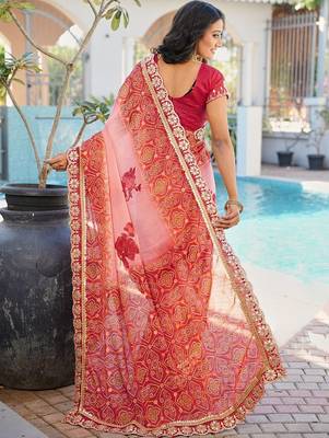 Peach floral zari poly chiffon heavy work bandhani saree 3