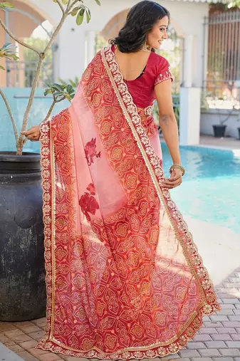 Peach floral zari poly chiffon heavy work bandhani saree