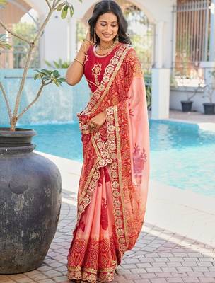 Peach floral zari poly chiffon heavy work bandhani saree 4