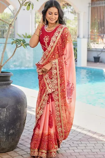 Peach floral zari poly chiffon heavy work bandhani saree