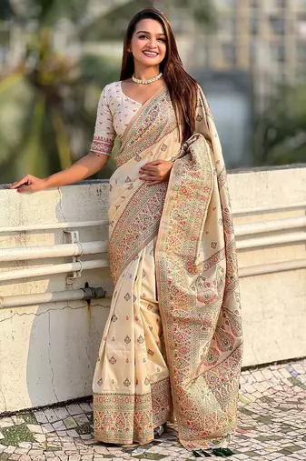 white woven design zari pashmina saree