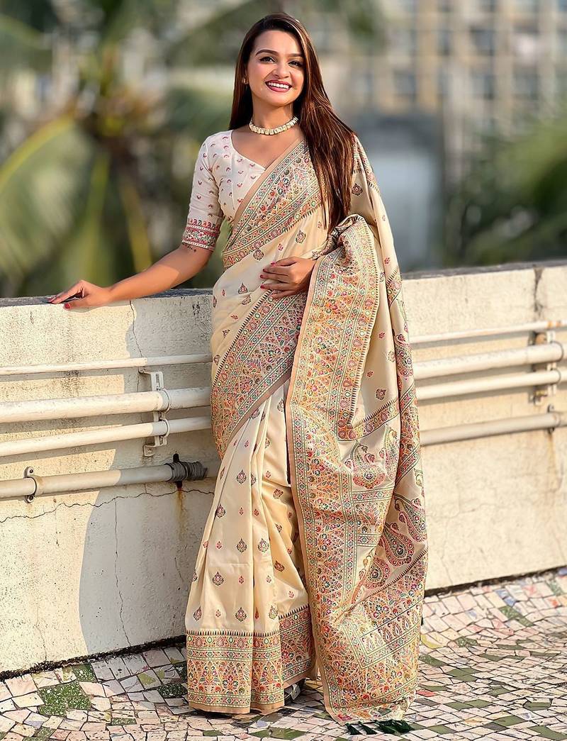 white woven design zari pashmina saree