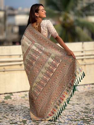 white woven design zari pashmina saree 2