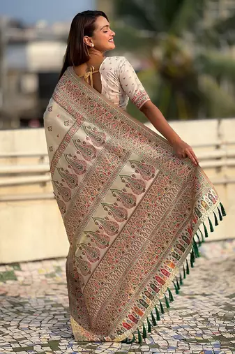 white woven design zari pashmina saree