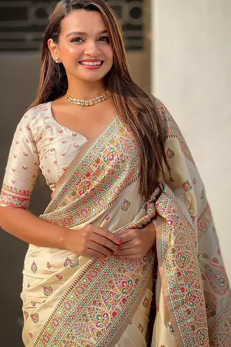 white woven design zari pashmina saree
