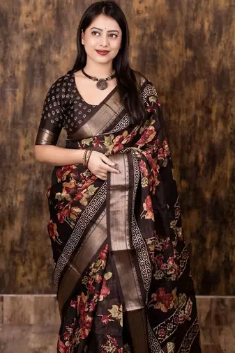 Brown floral zari saree
