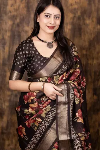 Brown floral zari saree