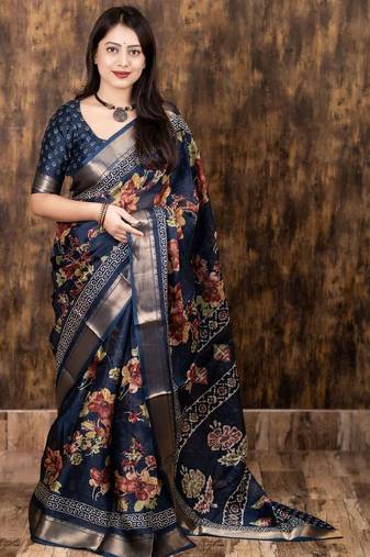 navy_blue floral zari designer saree