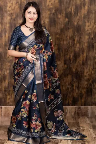 navy_blue floral zari designer saree