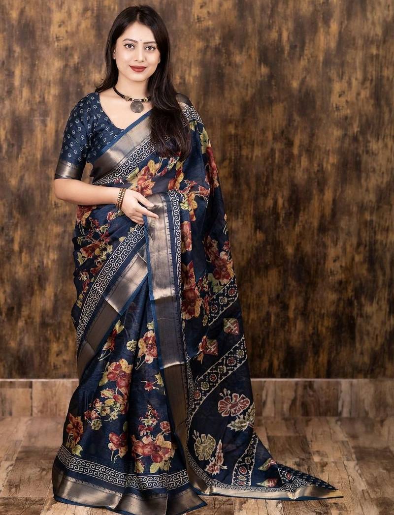 navy_blue floral zari designer saree