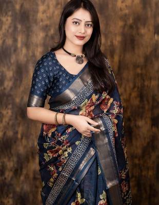 navy_blue floral zari designer saree 2
