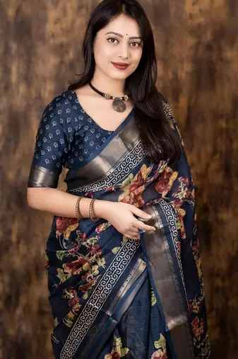 navy_blue floral zari designer saree