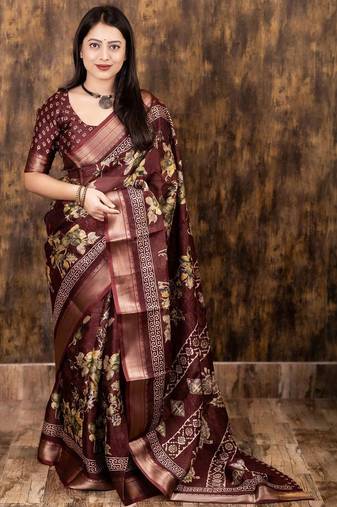 Maroon floral zari saree