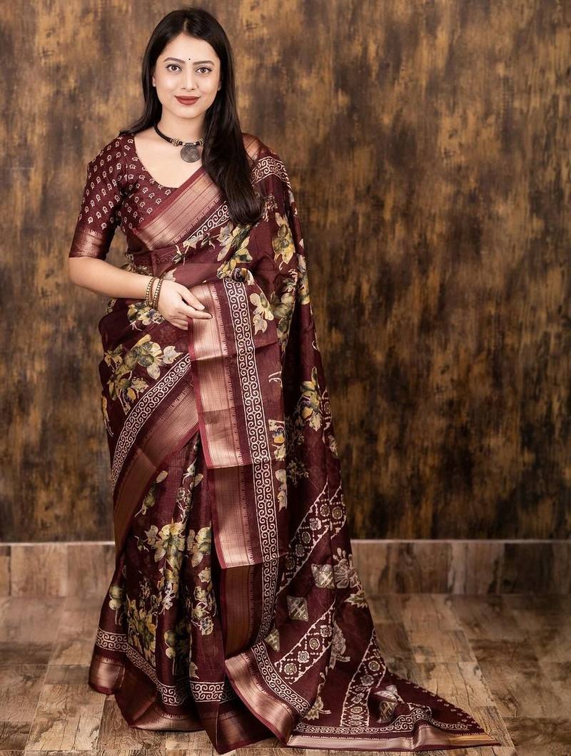 Maroon floral zari saree