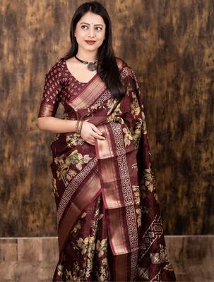 Maroon floral zari saree 2