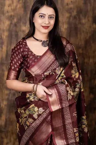 Maroon floral zari saree