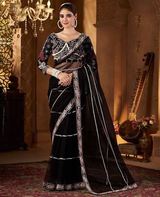 Black women embellished sequinned net saree 1