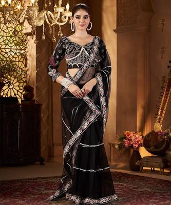 Black women embellished sequinned net saree 2
